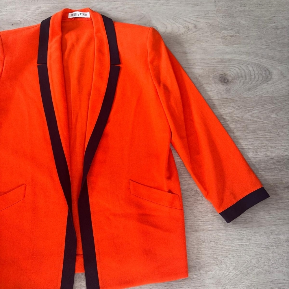 Vintage Jacque Vert Open Front Wool Blend Vibrant Orange Women's Blazer Size 10 - Picture 3 of 8
